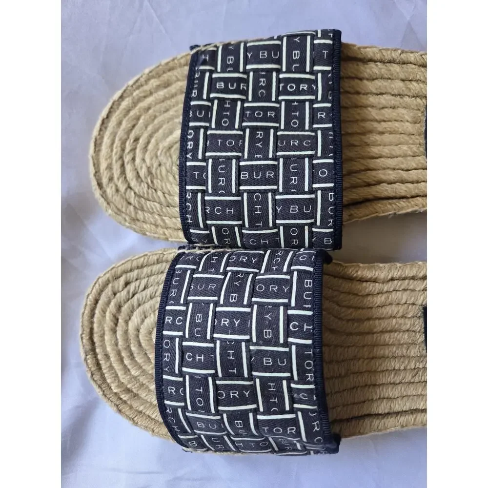 TORY BURCH Sandals Black Ribbon Espadrille Slides Womens 7.5 Coastal Hamptons